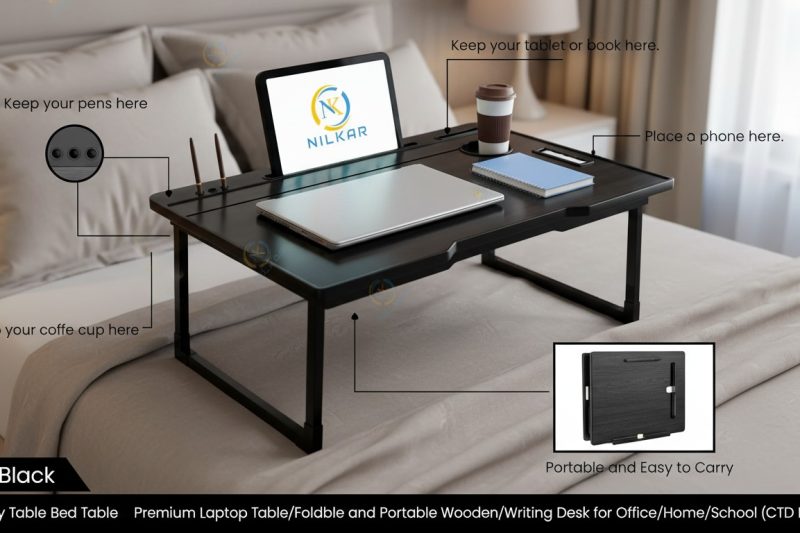 Study Table Bed Table Premium Laptop Table/Foldable and Portable Wooden/Writing Desk for Office/Home/School (CTD Black)
