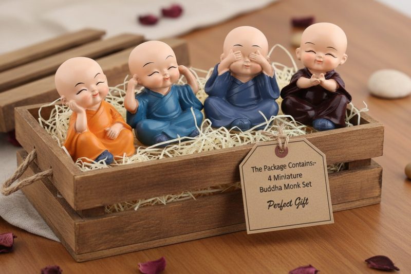TIED RIBBONS Set of 4 Miniature Buddha Monk Statues for Home Decor and Gifts (Small, Multicolour) Resin