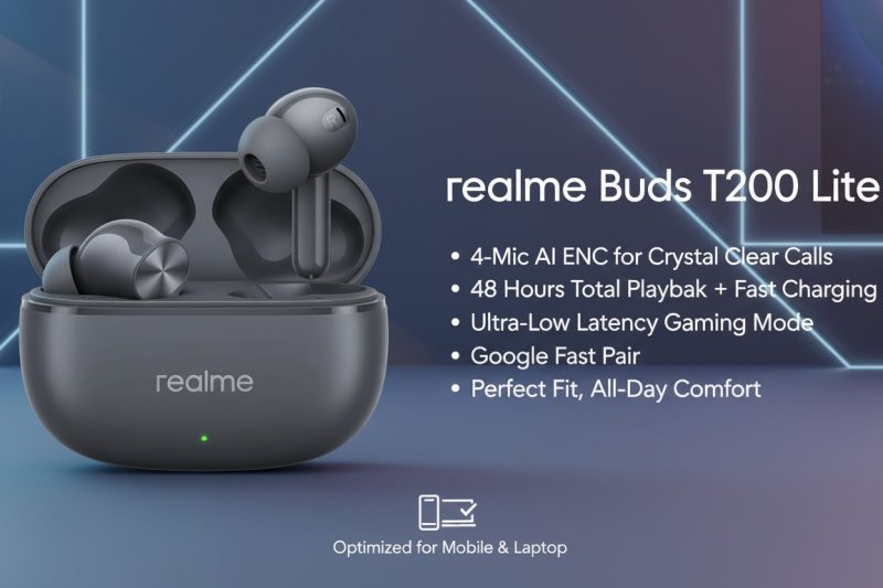Realme Buds T200 Lite TWS Earbuds – 48H Playback, AI ENC, Low Latency Gaming Earphones